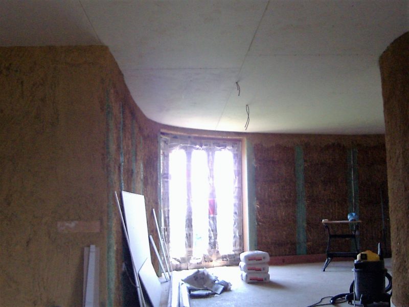 The plasterboard ceiling is ready to be skimmed with plaster in this straw bale house, which was featured on the Channel 4 series, Building the Dream.